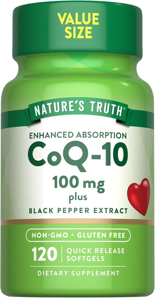 Nature's Truth CoQ10 100 mg | 120 Softgels | High Abxia | Non-GMO & Gluten Free Coenzyme Supplement | with Black Pepper Extract