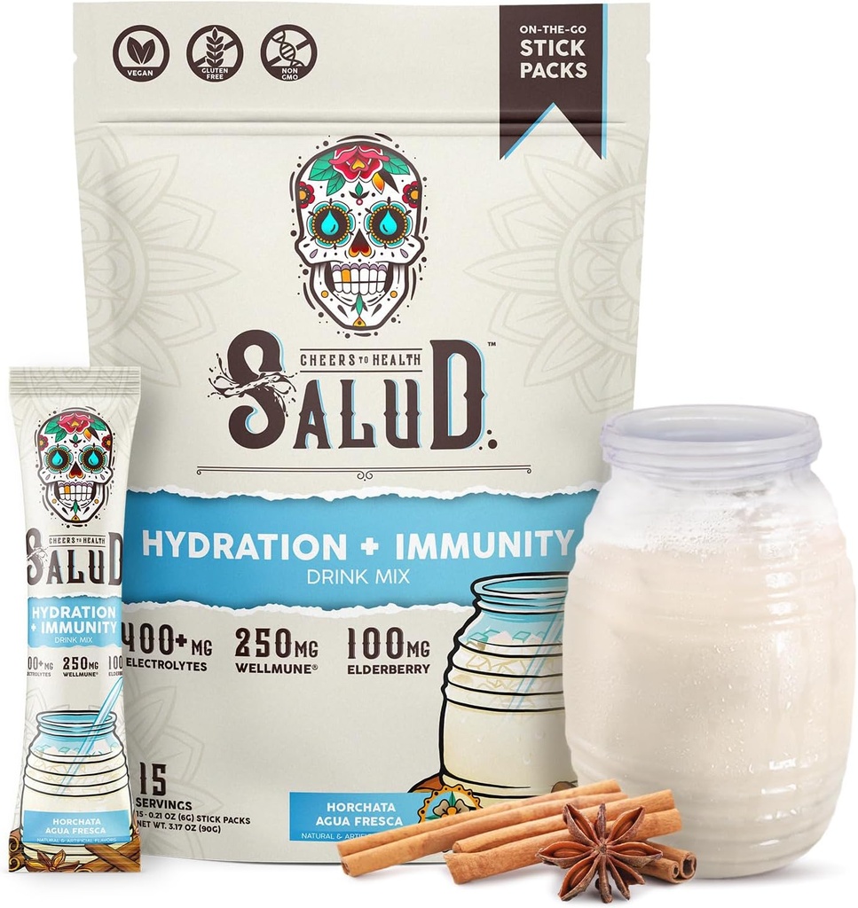 Salud 2in-1 Hydration Packets + Immunity Electrolytes Toz, Horchata - Agua Fresca Drink Mix, Elderberry, Dairy & Soy Free, Non-GMO, Gluten Free, Vegan, Low Calorie, 1g Sugar (15 hizmet)