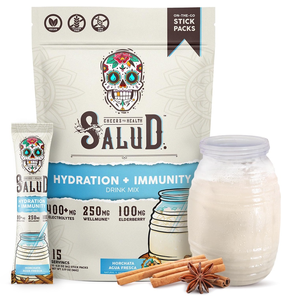 Salud 2in-1 Hydration Packets + Immunity Electrolytes Toz, Horchata - Agua Fresca Drink Mix, Elderberry, Dairy & Soy Free, Non-GMO, Gluten Free, Vegan, Low Calorie, 1g Sugar (15 hizmet)