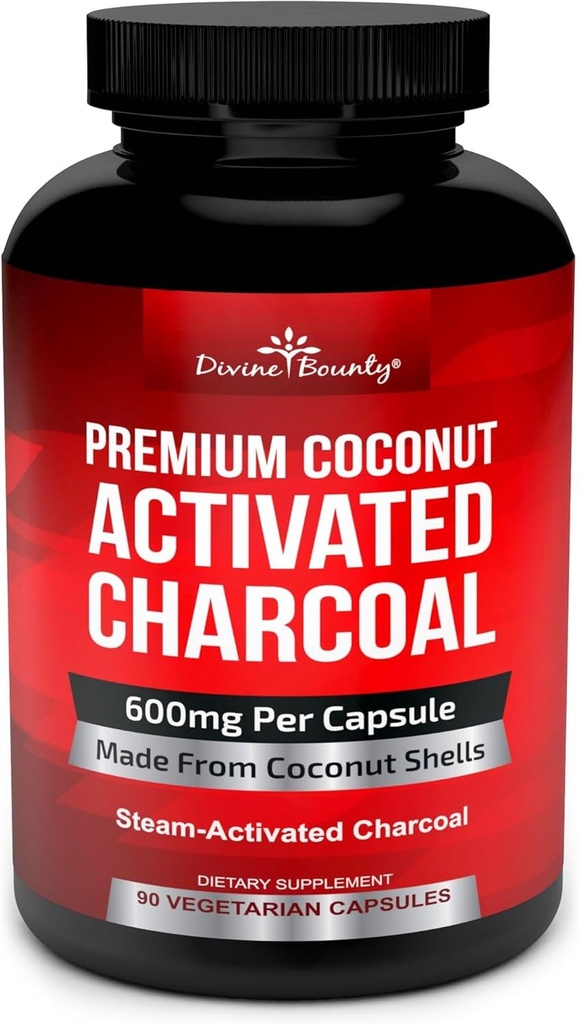 Divine Bounty Organic Enabled Charcoal Capses - 600mg Carcout Charcoal Pills - 90 Veggie Caps