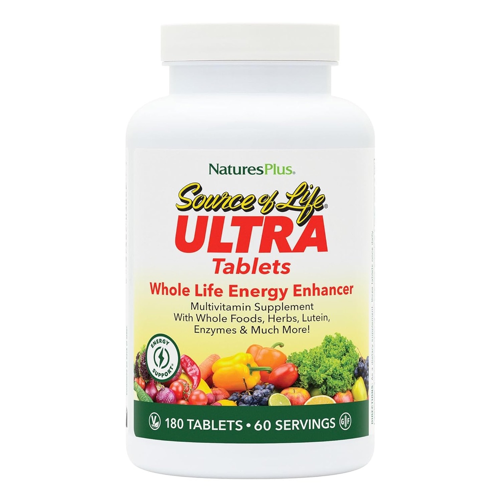 NaturesPlus Ultra Source of Life Multivitamin - 180 Tablets - Υποστηρίζει την Ανοσοποιητική Υγεία, την Ενέργεια & τη Συνολική Ευζωία - με Λουτεΐνη & Βιταμίνη D3 - Χορτοφαγική & Χωρίς Γλουτένη - 60 Σερβιέτες
