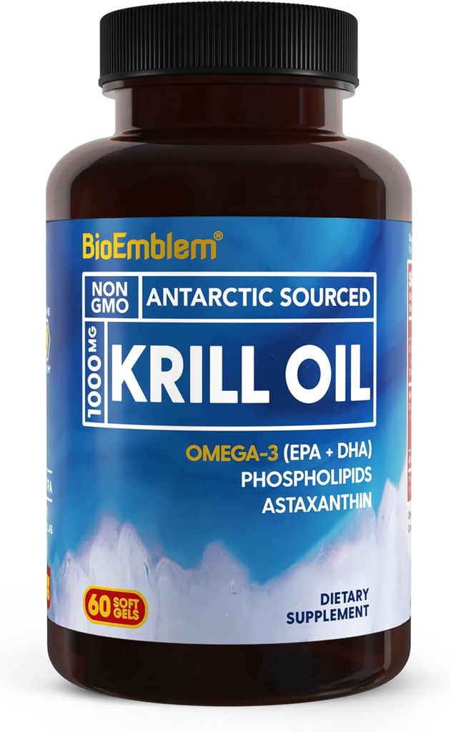 BioEmblem Antarktika Krill Oil Supplement | 1000 mg | Omega-3 Oil with High Levels of EPA + DHA, Astaxanthin ve Phospholipids | No Fishy Aftertaste | 60-Count Non-GMO Softgels