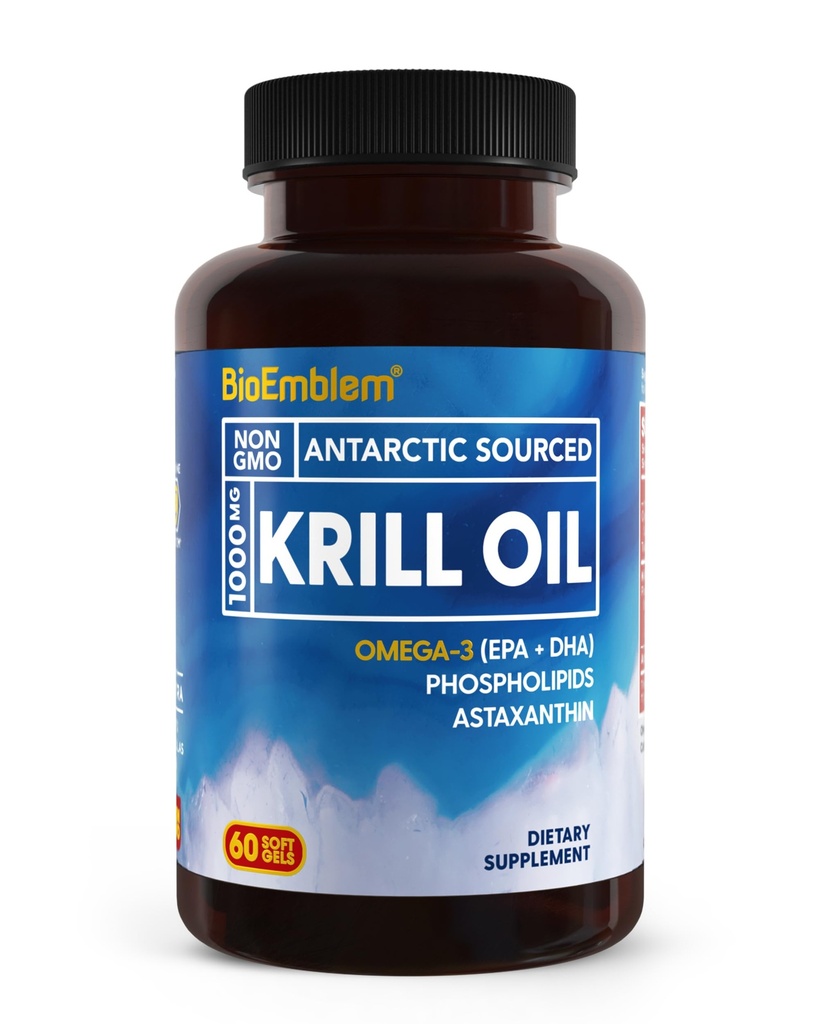 BioEmblem Antarktika Krill Oil Supplement | 1000 mg | Omega-3 Oil with High Levels of EPA + DHA, Astaxanthin ve Phospholipids | No Fishy Aftertaste | 60-Count Non-GMO Softgels