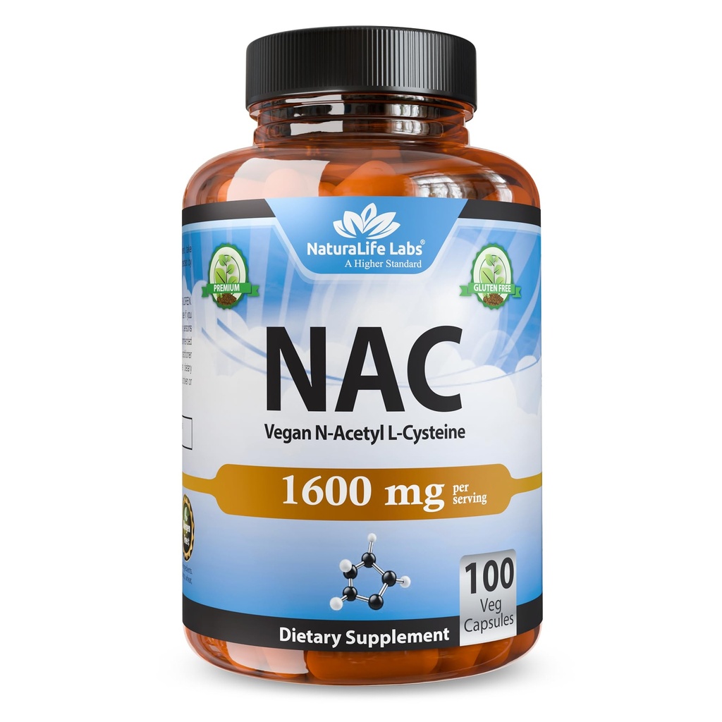 NaturaLife Labs N-Acetyl-L-Cysteine (NAC) 1600 mg - 100 Capsules, Non-GMO & Gluten-Free-Cysteine