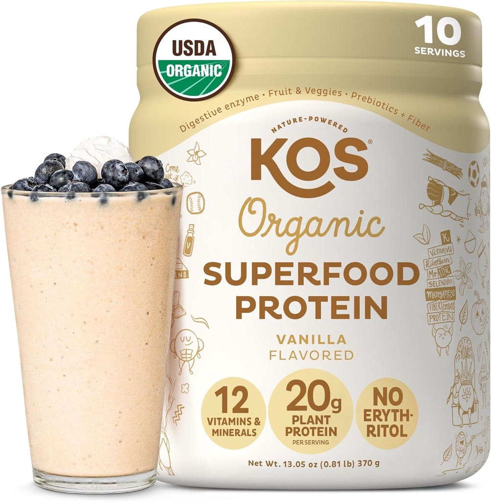 KOS Plant Temel Protein Toz, Vanilla USDA Organik - Low Carb Pea proteini, Vegan Superfood Vitaminler ve Minerallerde Zengin - Keto, Soy, Süt Free - Kadınlar ve Erkekler için Meal Yenileme - 10 Hizmet