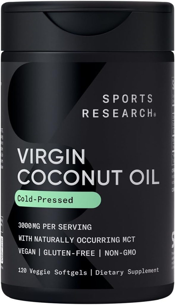 Sports Research® Organic Coconut Oil Capsules 3000MG - Cold Pressed Extra Virgin Coconut Oil with Medium Chain Triglycerides (MCTs) - Vegan Dostu & Non-GMO Doğrulandı - 120 Softgels