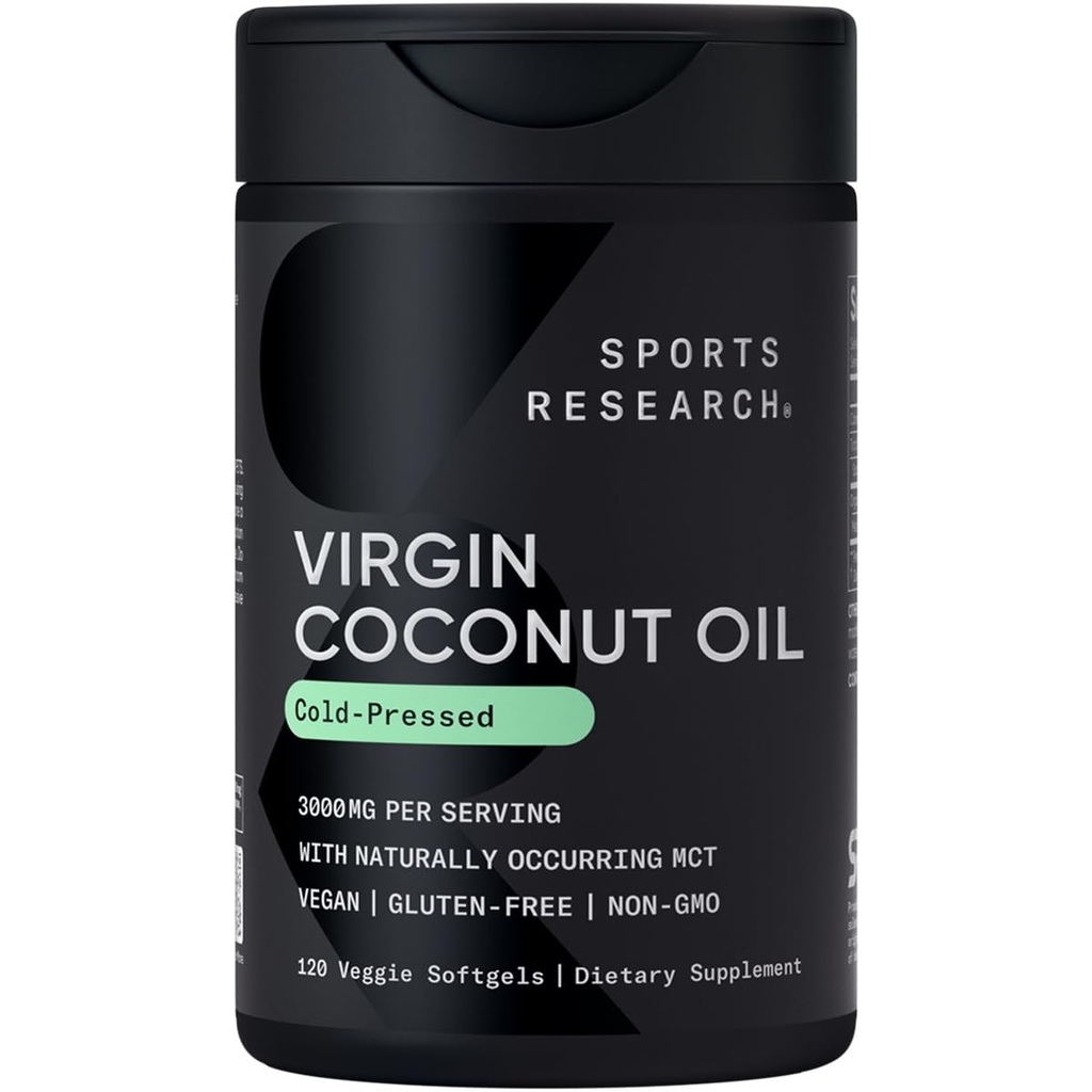 Sports Research® Organic Coconut Oil Capsules 3000MG - Cold Pressed Extra Virgin Coconut Oil with Medium Chain Triglycerides (MCTs) - Vegan Dostu & Non-GMO Doğrulandı - 120 Softgels