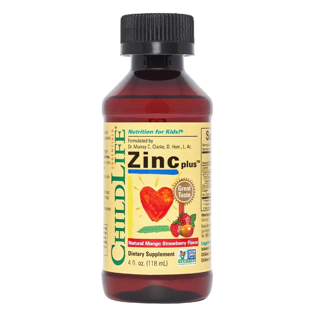 CHILDLIFE ESSENTIALS Liquid Zinc Plus for Kids & Toddler - Liquid Supplement Drops, Zinc Gluconate & Copper for Immune Support - Mango Strawberry, 4 Fl Oz (Pack of 1)