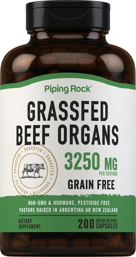 Piping Rock Grass Fed Beef Organları | 3250 mg | 200 Capsules | Liver, Kidney, Pancreas, Heart, Spleen Supplement | Non-GMO, Gluten Free