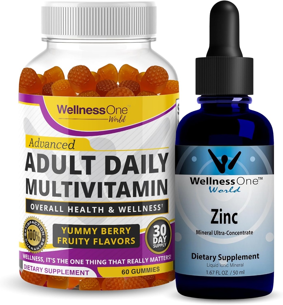 WellnessOne Liquid Zinc & Adult Multivitamin Gummy - Comprehensive Wellness Bundle for Energy, Immune, Skin, & Brain Health - 1,67 fl oz Zinc Drops & 60 Mix Berry Flavored Adult Gummy Multivitamins