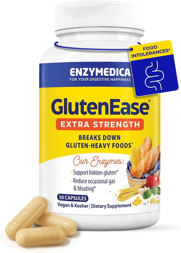 Enzymedica GlutenEase Ekstra Kuvvet, Kadınlar ve Erkekler için Gelişmiş Gluten Digestive Enzymes, Bloating Relief & Digestive Health, 30 Capsules