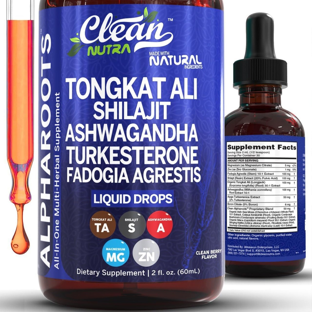 Tongkat Ali Liquid Drops Shilajit, Ashwagandha, Turkesterone, Fadogia Agrestis, Magnezyum, İrlandalı Deniz Moss ve çinko Herbal Supplement Temiz Nutra