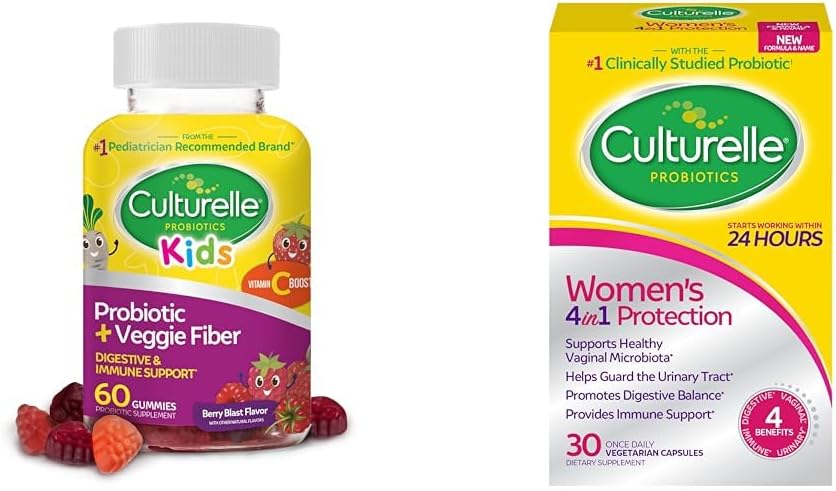 Culturelle Daily Probiotic for Kids + Veggie Fiber Gummies (Ages 3+) - 60 Count - Digestive Health & Women’s 4-in-1 Daily Probiotic Supplements for Women - Supports Κολπική Υγεία
