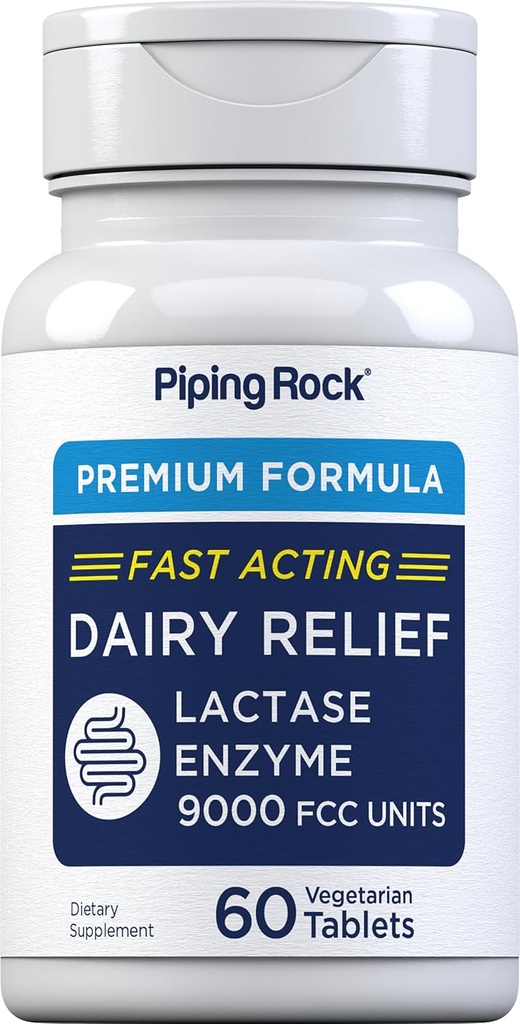 Piping Rock Dairy Relief Pills | 9000COM | 60 Tabletler | Lactase Enzyme Supplement | Vegetarian, Non-GMO, Gluten Free Free