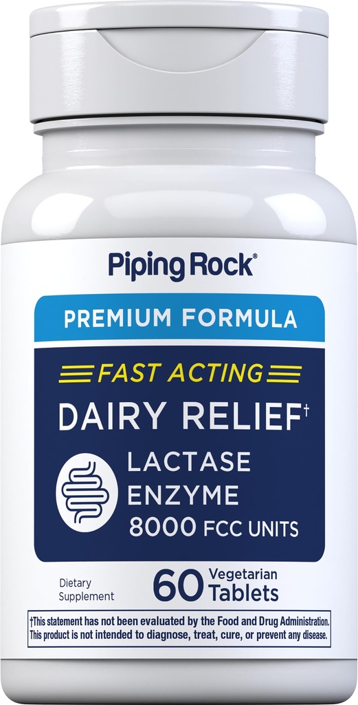 Piping Rock Dairy Relief Pills | 9000COM | 60 Tabletler | Lactase Enzyme Supplement | Vegetarian, Non-GMO, Gluten Free Free