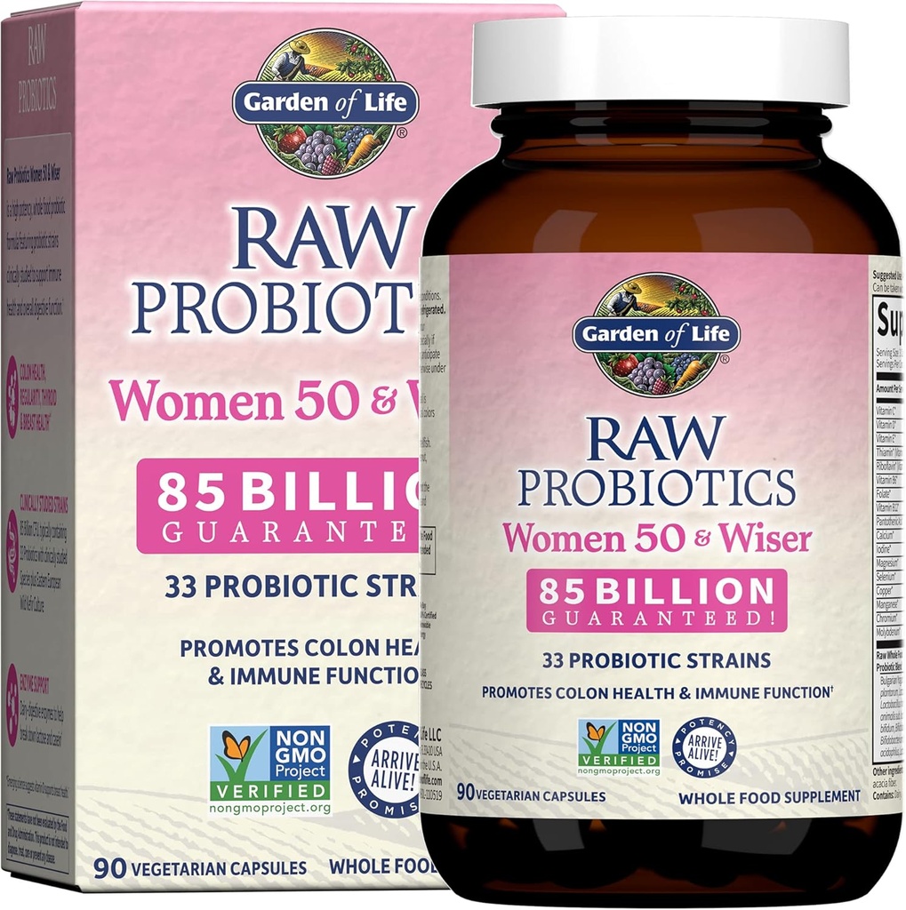 Life Raw Probiyotiks for Women Over 50-50 & Wiser Women's Probiyotik with Acidofilius, Live Cultures, Probiyotik - Vitaminler Oluşturun, Enzymes, Prebiyotiks - 90 Vegetarian Capsules