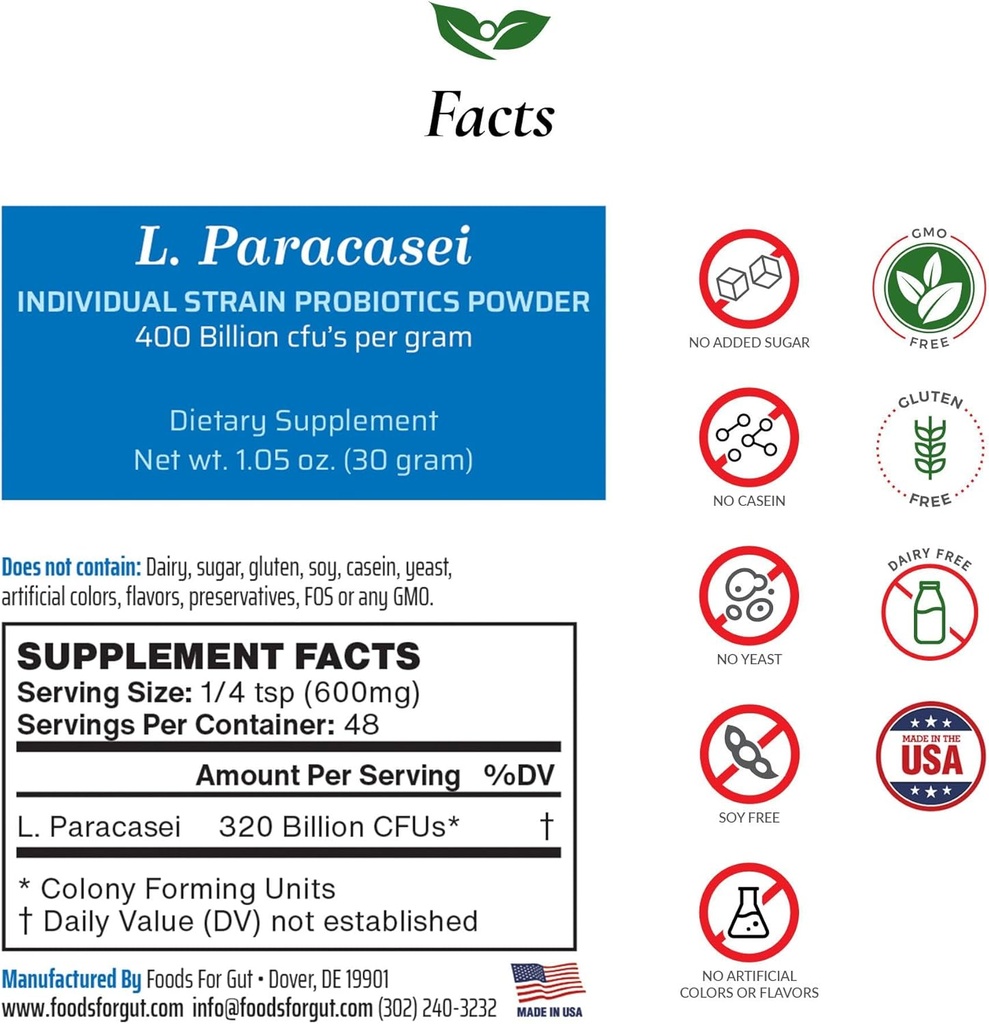 Lactobacillus Paracasei Probiyotik Toz 400 Milyar cfu'nun | ABD'de Yapıldı | Üreticiden Doğrudan | Üçüncü Taraflı Depolama | Immune Support | L. Paracasei | 30 Grams (1.05 Oz)