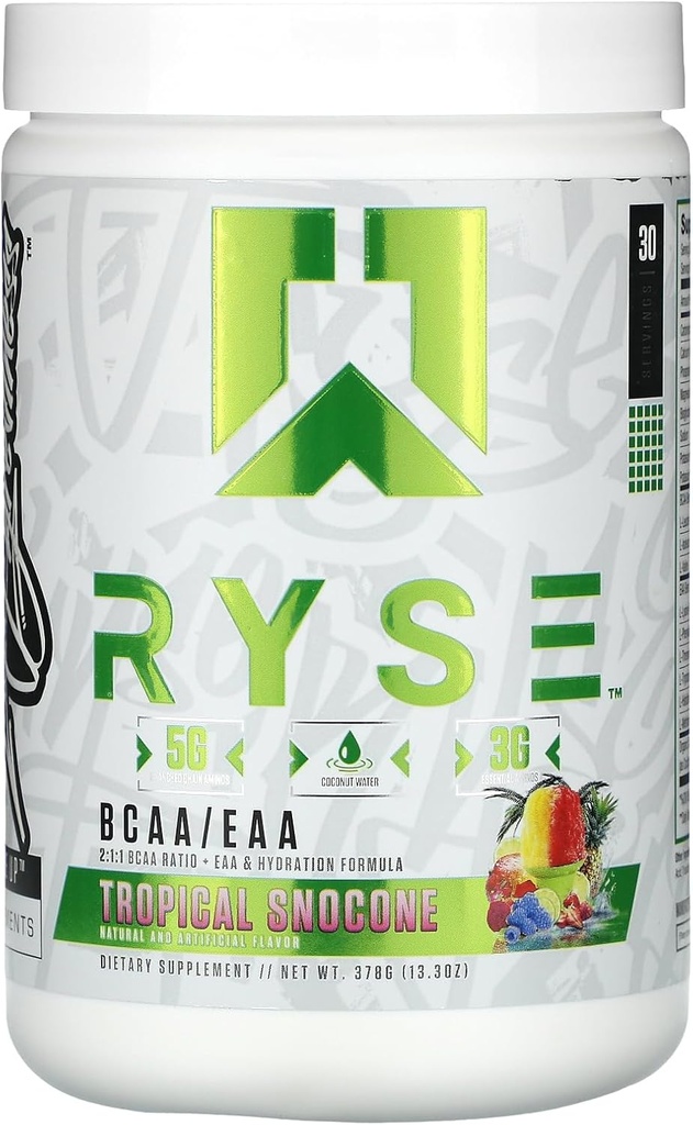 RYSE BCAA EAA Powder - Tropical Snocone - 5g Διακλαδισμένης Αλυσίδας Αμινοξέα, 3g Essential Aminos, Sugar-free ηλεκτρολύτες για την αποκατάσταση των μυών, την αντοχή, την ενυδάτωση και τη δύναμη - 30 εξυπηρετήσεις