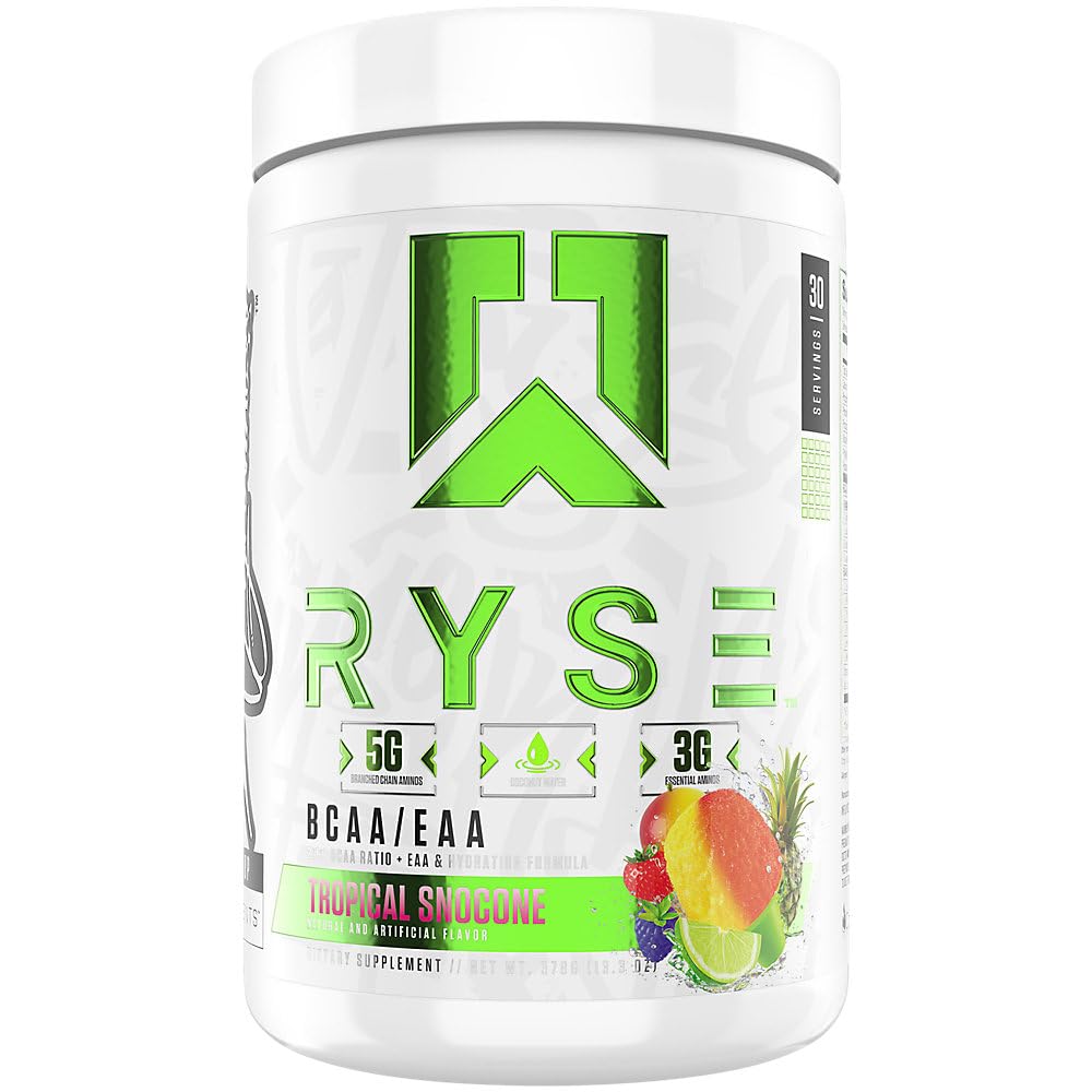 RYSE BCAA EAA Toz - Tropikal Snocone - 5g Branched Chain Amino Asits, 3g Essential Reeses, Sugar-Free Electrolytes for Muscle Recovery, Endurance, Hydration and Strength - 30 Servisler