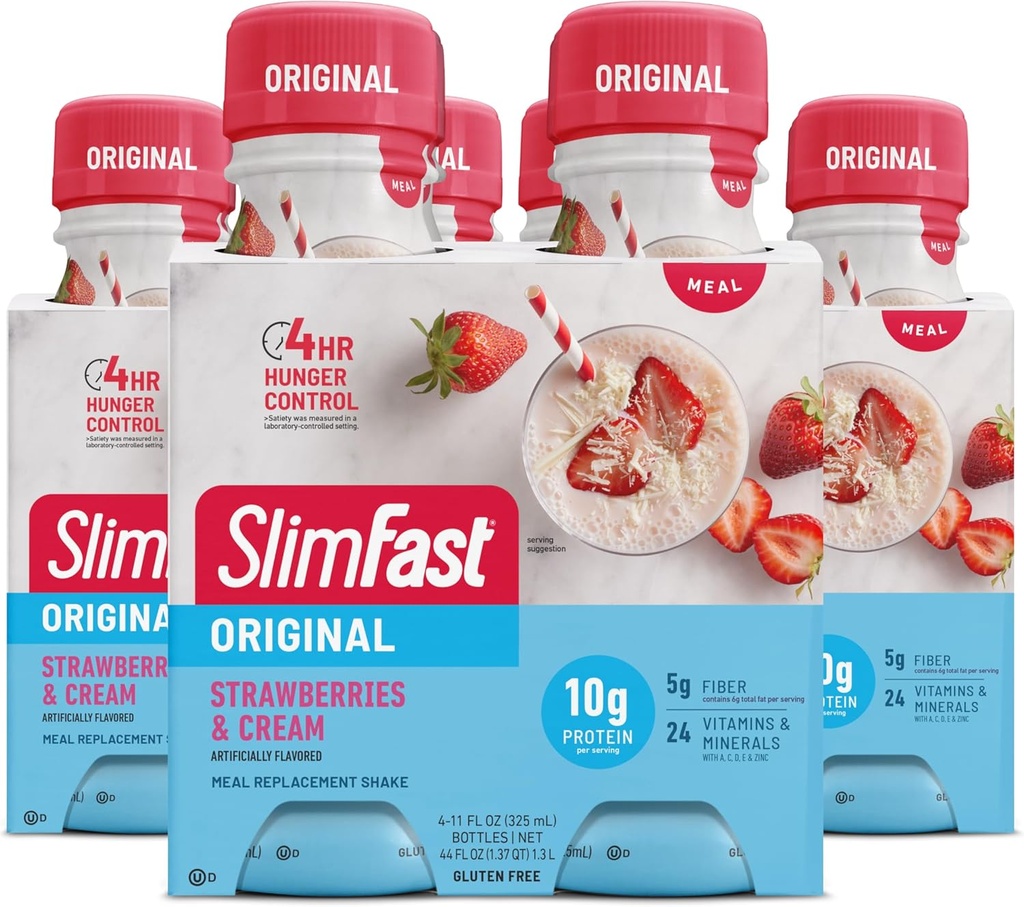 SlimFast Replacement Meal Shake, Original Strawberries & Cream, 10g Ready to Drink Protein for Weight Loss, 11 Fl. Oz Bottle, 4 Count (Pack of 3) (Packing May Vary)