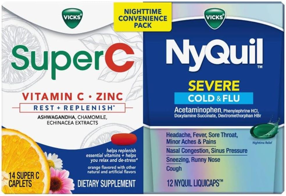 Vicks NyQuil ve Super C Convenience Pack: NyQuil Severe Medicine for Max Strength Cold and Flu Relief, Closely Packaged with Vicks Super C Rest and Replenish Daily Supplement, 26ct