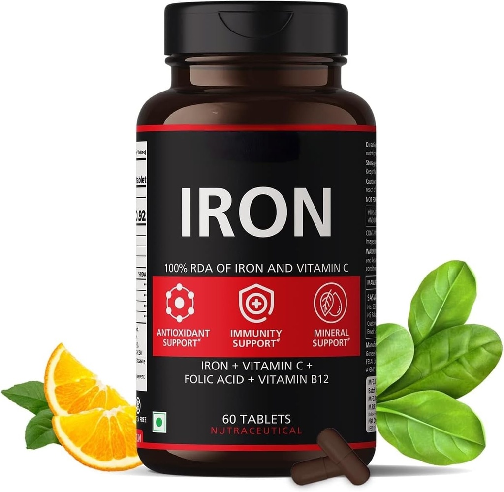 Iron Supplement for Women & Men with Vitamin C, Folic Acid & Vitamin B12 - Iron Tablets Help Support Energy - 60 Veg Tablets