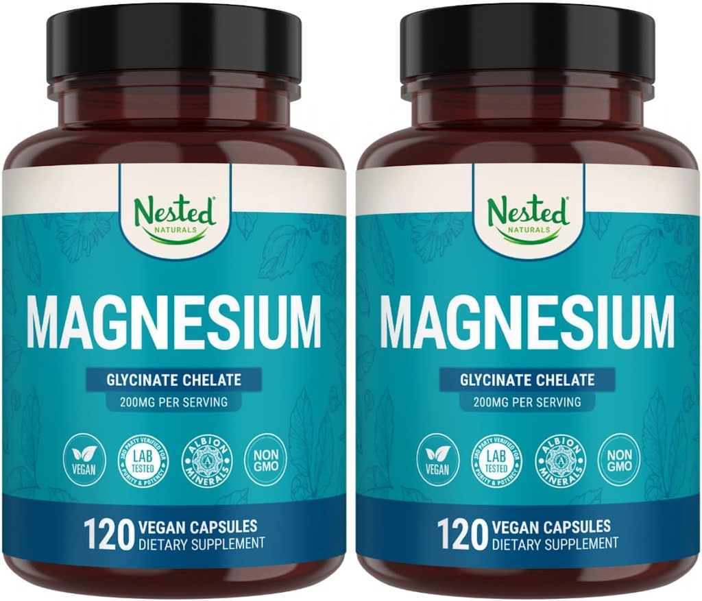 Nested Naturals Magnezyum Glycinate Chelate - 200 mg Chelated Supplement Magnezyum for Muscle Cramps, Relaxation, & Sleep Support - 100% Albion TRACCS Buffered Magnezyum Glycinate - 240 Vegan Capsules