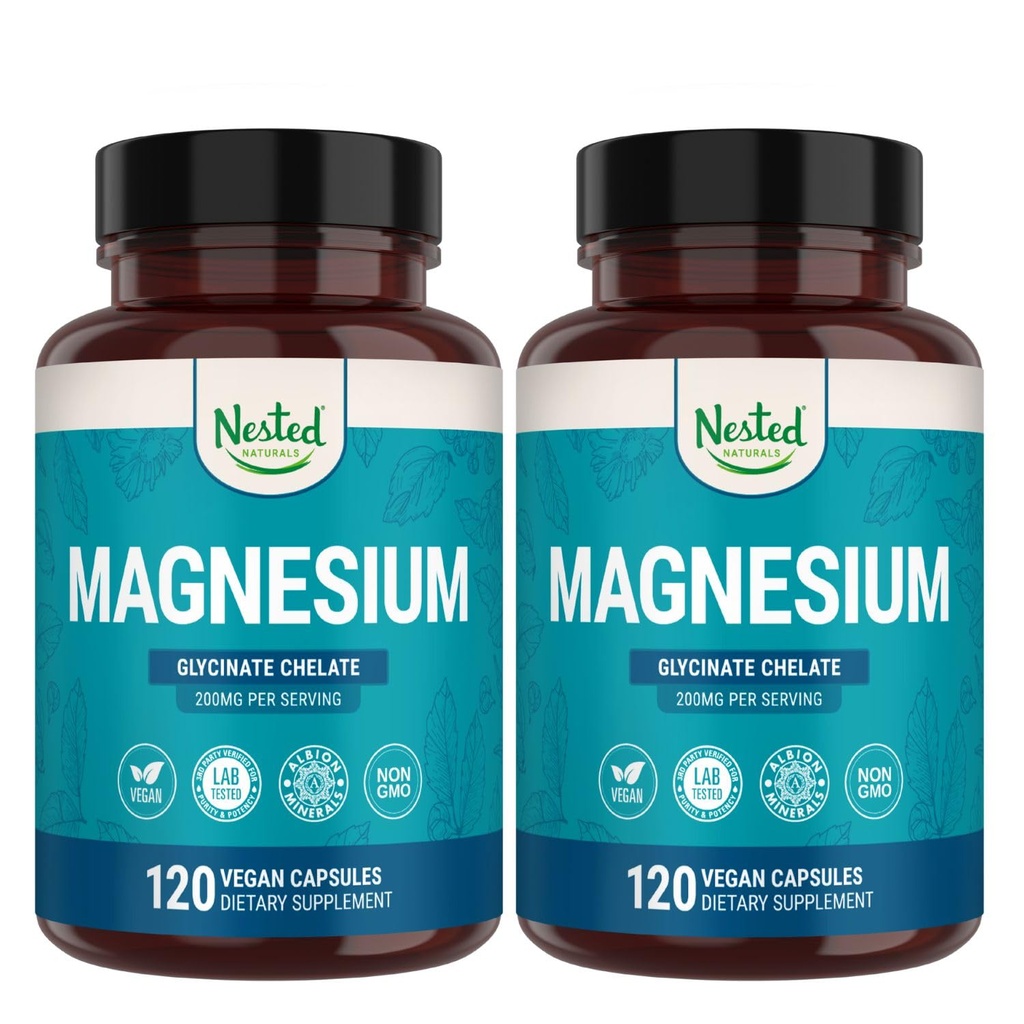 Nested Naturals Magnezyum Glycinate Chelate - 200 mg Chelated Supplement Magnezyum for Muscle Cramps, Relaxation, & Sleep Support - 100% Albion TRACCS Buffered Magnezyum Glycinate - 240 Vegan Capsules