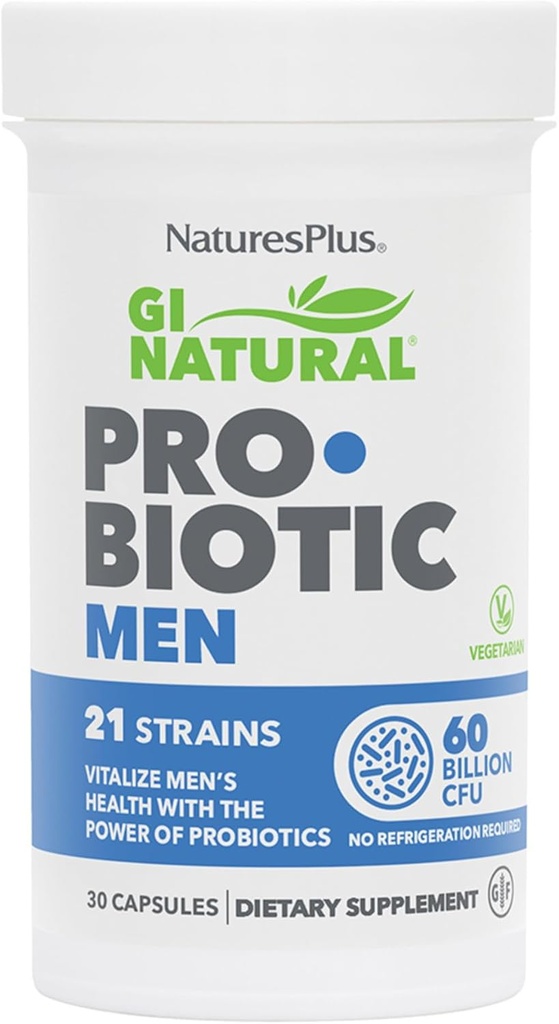 Natures Plus GI Φυσικοί Προβιοτικοί Άνδρες - 30 Κάψουλες - Digestive & Prostate Υγεία, Ανοσολογική Δύναμη - Περιλαμβάνει Saw Palmetto - Χωρίς Γλουτένη - 30 Σερβιέτες