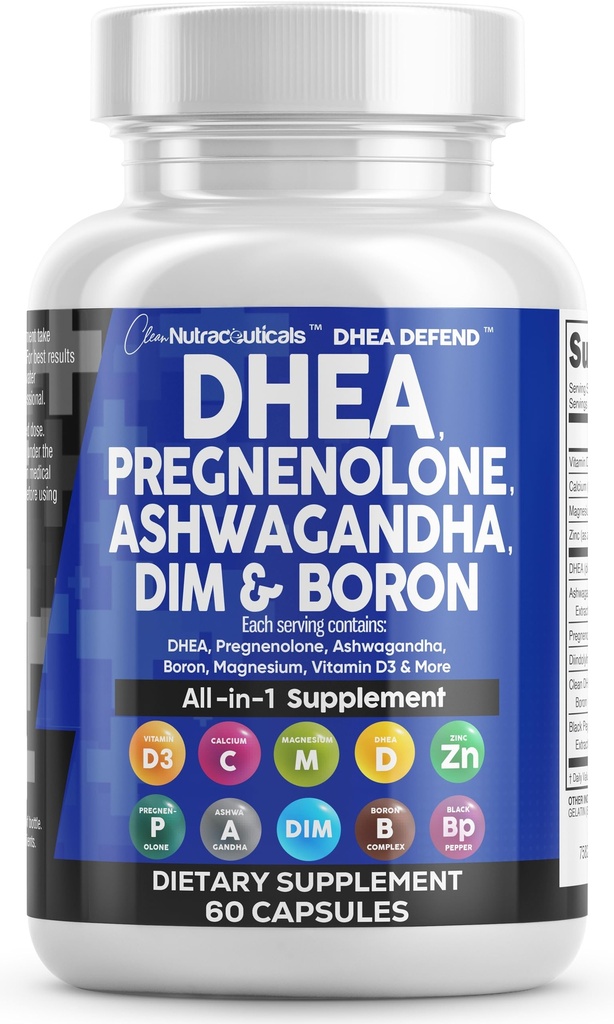 DHEA 200 mg Supplement Pregnenolone 100mg for Men & Women with DIM Ashwagandha Boron 6mg Kompleksi 50 mg Vitamin D3 5000 iu Hormon Destek Capsules Pills - Made in USA 60 Ct