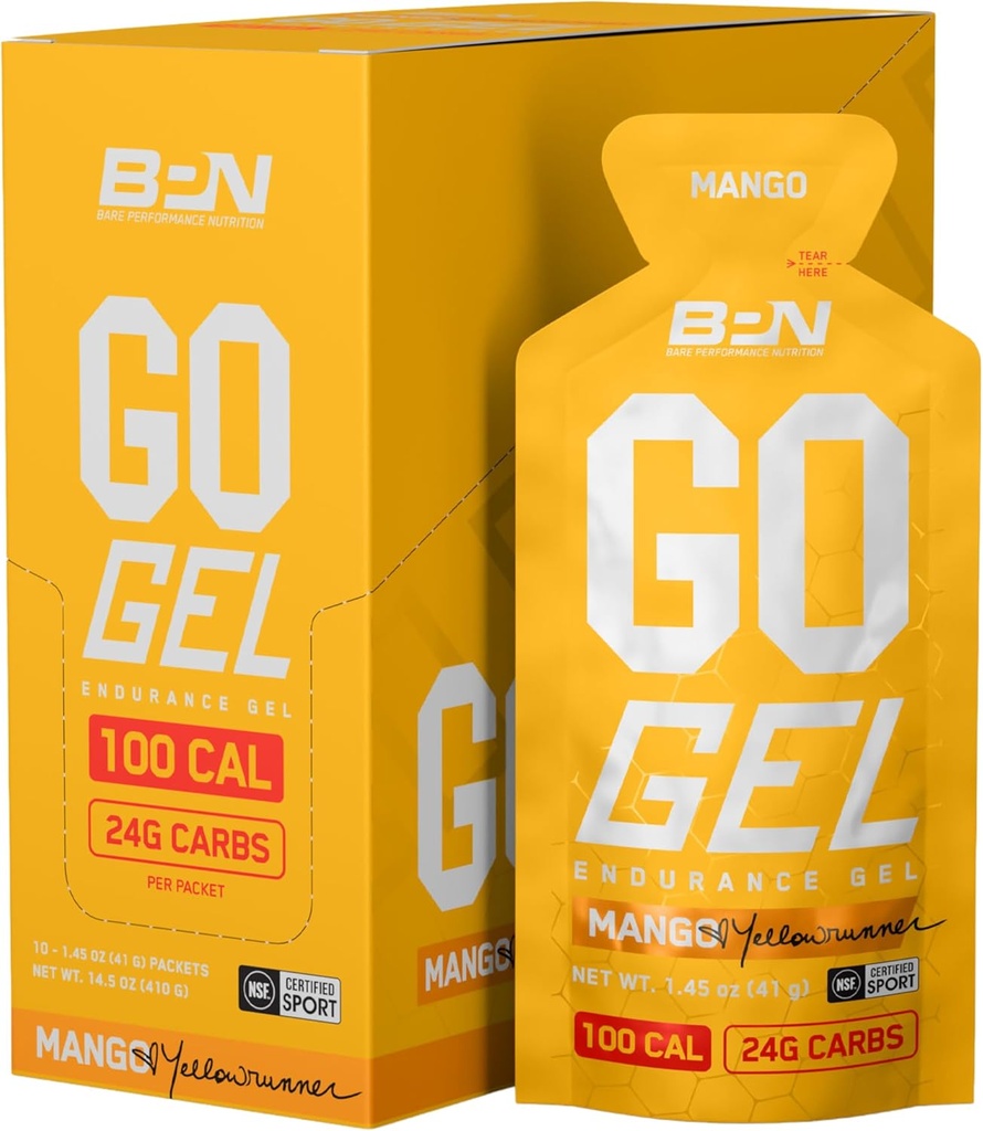 BARE PERFORMANCE NUTRITION, BPN Go Gel Endurance, 24g of Carbohidrats & 100 Calories per Pack, Vegan + Gluten Free Run Gel, 10 Single-Serving Packs, Mango