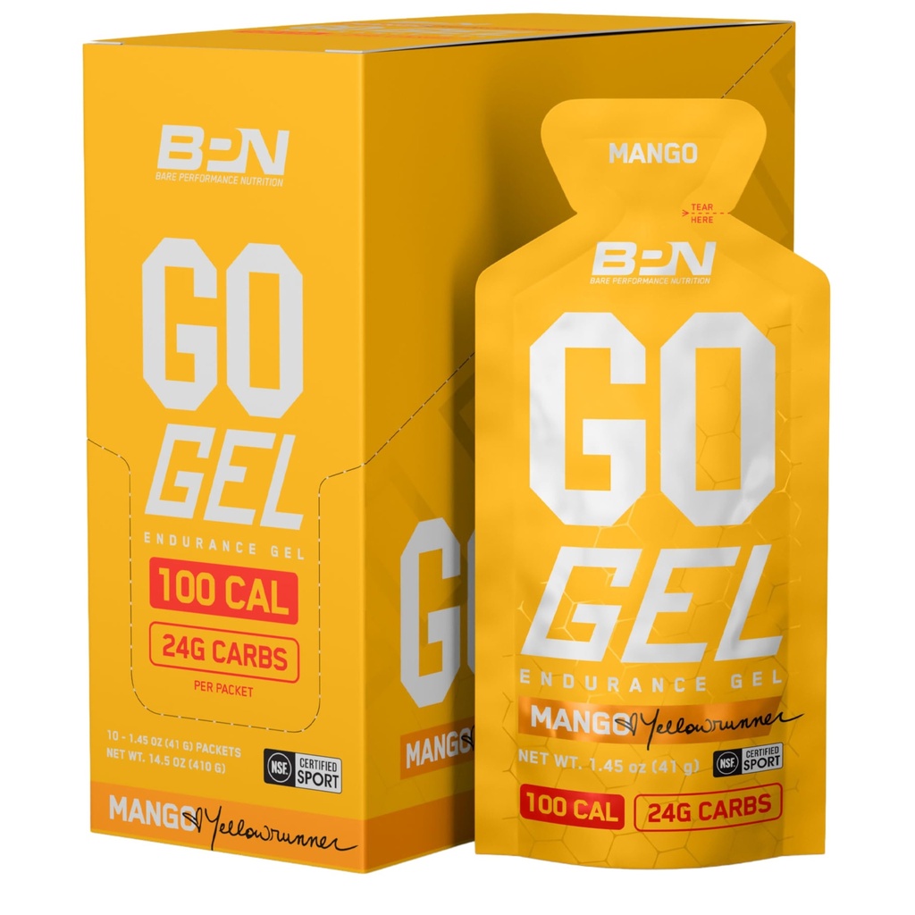 BARE PERFORMANCE NUTRITION, BPN Go Gel Endurance, 24g of Carbohidrats & 100 Calories per Pack, Vegan + Gluten Free Run Gel, 10 Single-Serving Packs, Mango