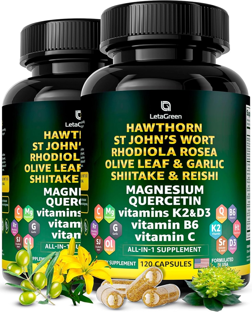 Βιολογικά κάψουλες Hawthorn Berry - Hawthorn Berry με St Johns Wort Rhodiola Rosea Olive Leaf Shiitake Reishi Mushroom Quercetin & Vitamin C, D3, K2, B6 & Magnesium (240 Count)