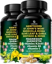 Organik Hawthorn Berry Capsules - Hawthorn Berry St Johns Wort Rhodiola Rosea Olive Leaf Shiitake Reishi Mushroom Quercetin & Vitamin C, D3, K2, B6 & Magnezyum (240 Kont)