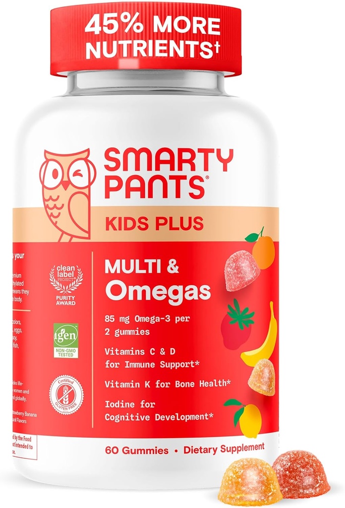 SmartyPants Kids Multivitamin Gummies - Βελτιωμένη Φόρμουλα: Ωμέγα 3 (DHA/EPA), Βιταμίνες D3, C, B12, B6, Βιταμίνη Α, K & Ψευδάργυρος, Χωρίς Γλουτένη, Τρεις Γεύσεις Φρούτων, 60 Count (30 Day Supply)