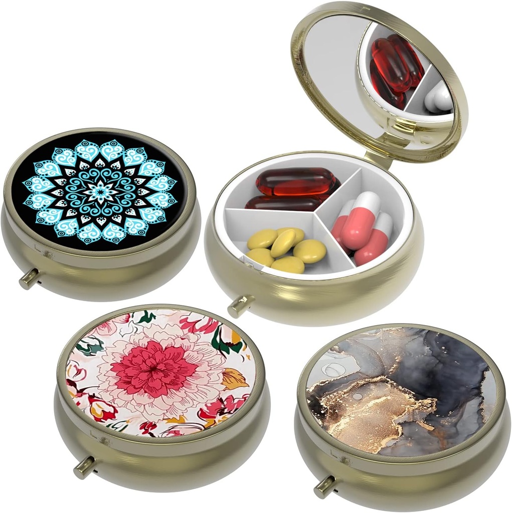 Küçük Pill Box,Pill Case for Purse&Pocket,3 Karşılaştırma Seyahat Pill Vaka İlaçları Vitaminler, Pills, Fish Oil ve Earrings, Studs,Bronze-3Round