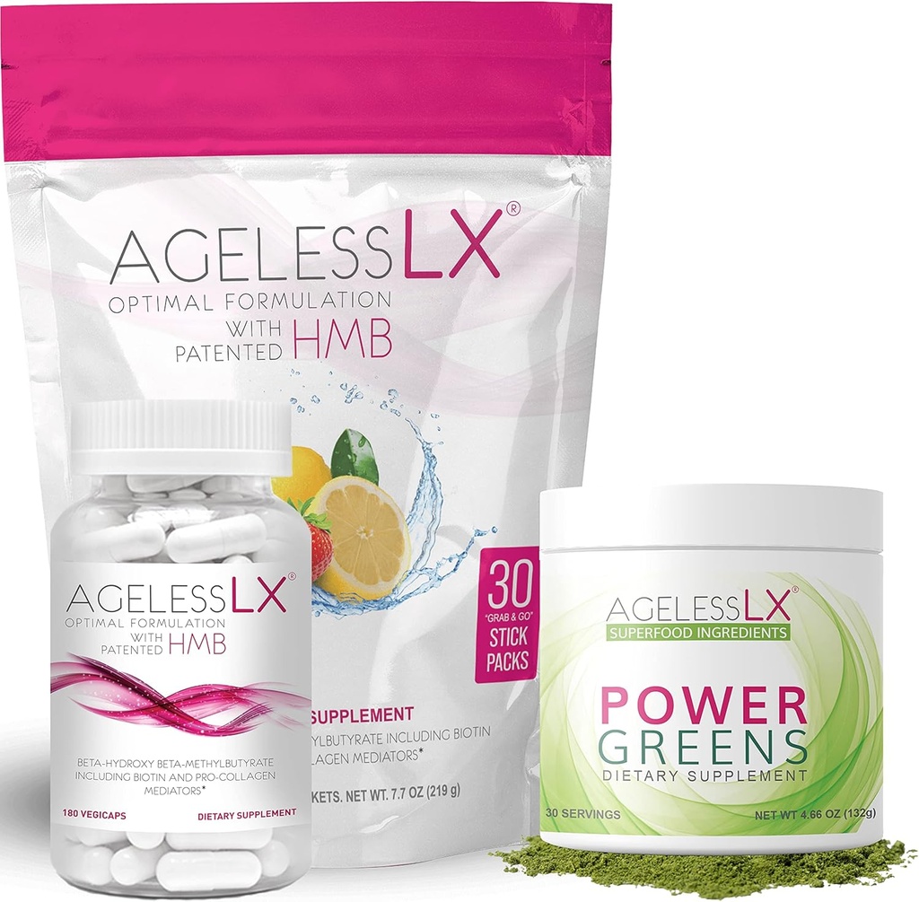 Ageless LX Biotin Συμπληρώματα κάψουλες, Λεμονάδα φράουλα & Power Greens Powder Bundle - Αντι γήρανση συμπληρώματα