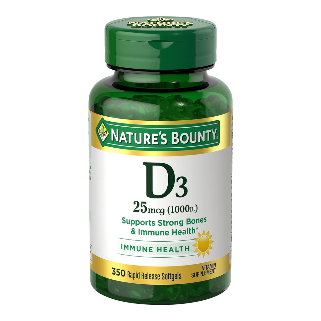 Nature's Bounty Vitamin D3 1000 IU Softgels, Immune Support, Günde 1 Softgel, Gluten Free, 350 Kont Count Count Count Count