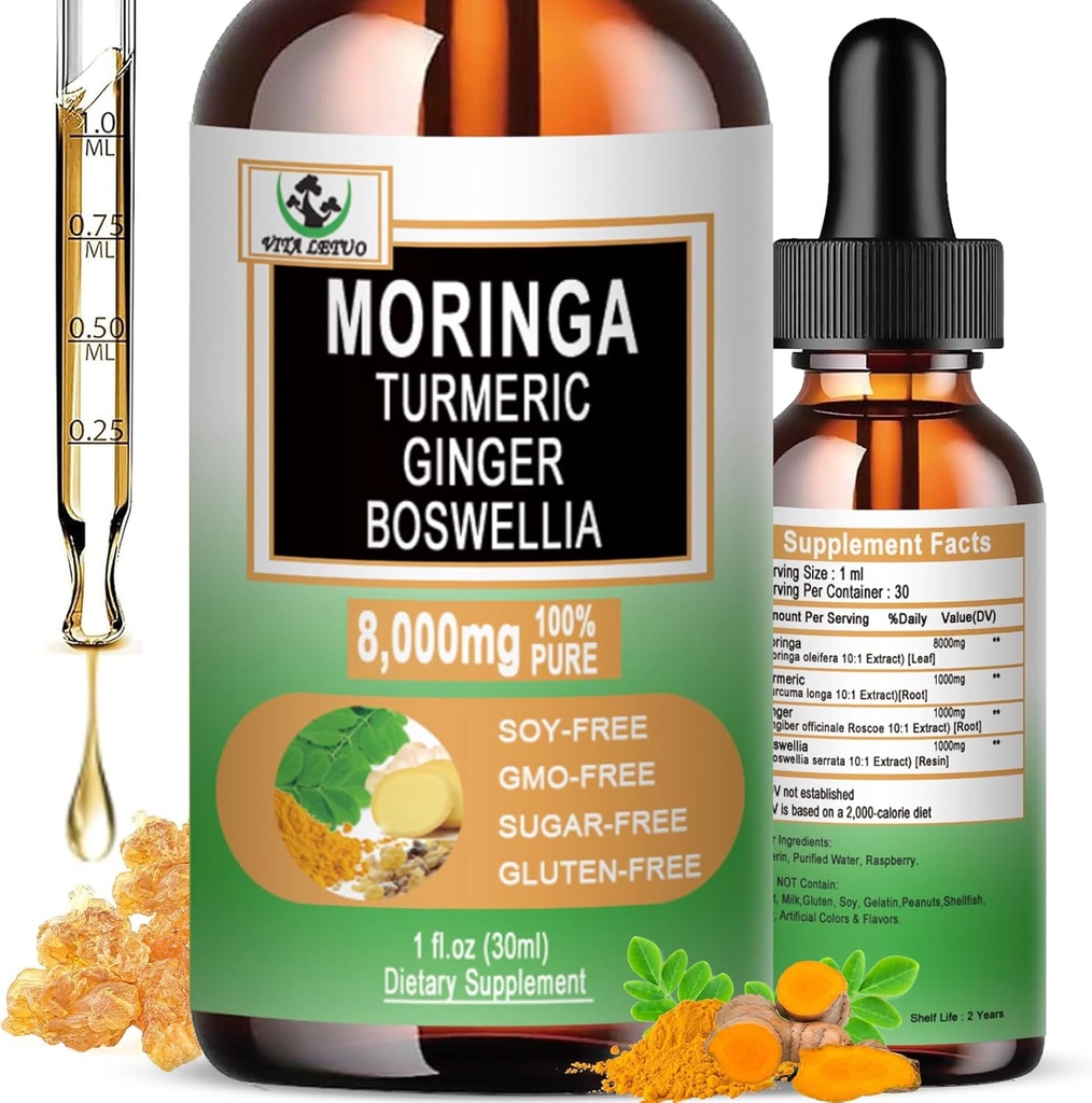Moringa Drops - Organic Moringa Leaf Extract Liquid with Turmeric Ginger Boswellia for Energy, Skin Health, Gut Health - Υψηλή απορρόφηση Πράσινο Superfood w/Essential Vitamins & Amino Acids