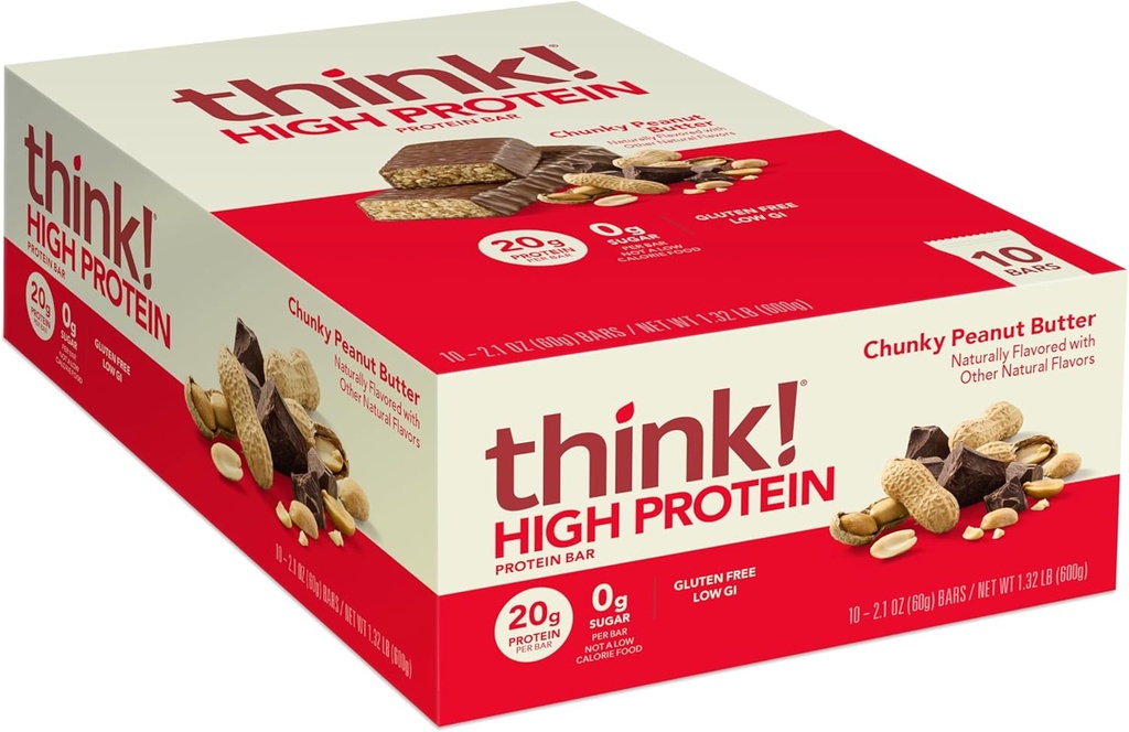 Düşün! Protein Bars, Yüksek Protein Snacks, Gluten Free, Kosher Friendly, Chunky Peanut Butter, Beslenme Bars, 2.1 Oz per Bar, Kont 10 (Pazar May Vary)