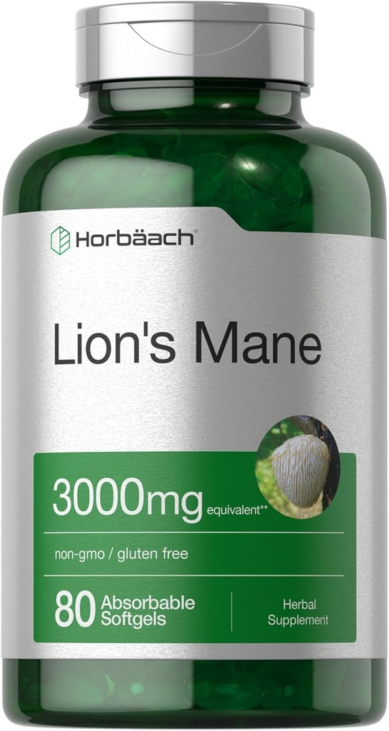 Horbäach Lions Mane Supplement | 3000 mg | 80 Absorbable Softgels | Non-GMO & Gluten Free Extract