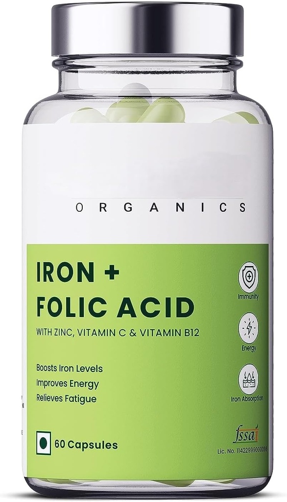 Iron + Folic Acid Supplement, çinko, C & Vitamin B12 | 60 Veg Capsules | Destekler,Immunity and Energy | Hem Erkekler hem de Kadınlar için Demir Absorps