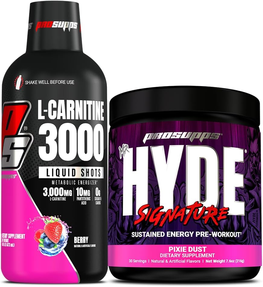 PROSUPPS L-καρνιτίνη 3000 διεγερτικές δωρεάν ενέσεις υγρού (31 σέρβις, μούρο) και ο κ. Hyde Signature Series Pre-Workout Ενεργειακό ποτό σε σκόνη (30 σέρβις, σκόνη pixie) Bundle