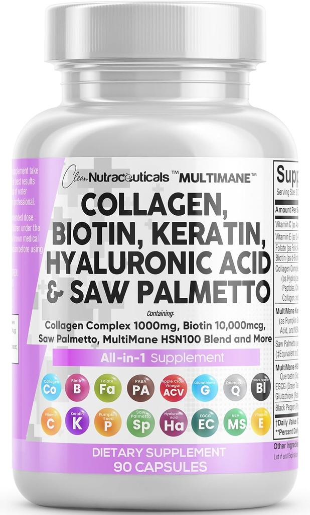 Temiz Nutraceuticals Collagen Pills 1000 mg Biotin 1000006 Keratin Saw Palmetto Hyaluronic Asit - Saç Skin & Nails Vitaminleri ve Vitamin Blocker E Folic Acid Seed MSM - 90 Count