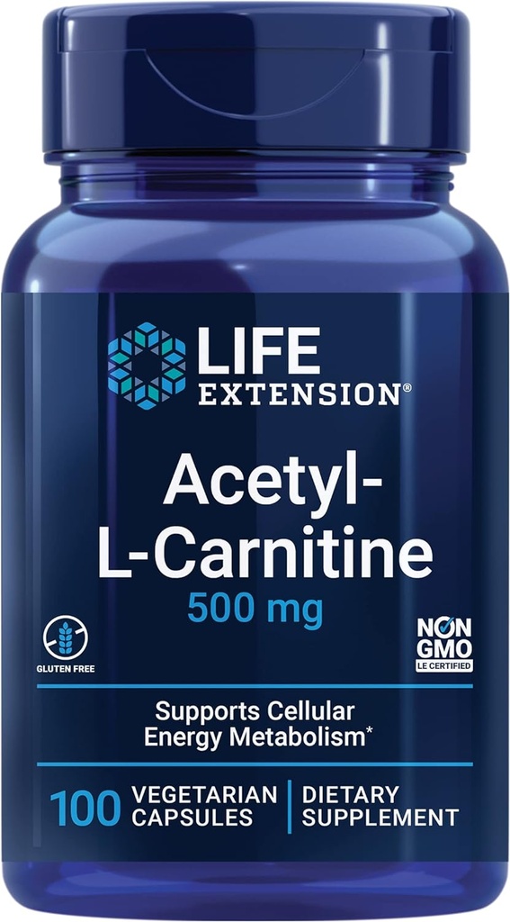 Life Extension Acetyl-L-Carnitine, Acetyl-L-Carnitine, C, Beyin, Mood & Nerve Health, Cellular Energy, 3-Month Supply, Gluten-Free, Non-GMO, Vegetarian, 100 Capsules