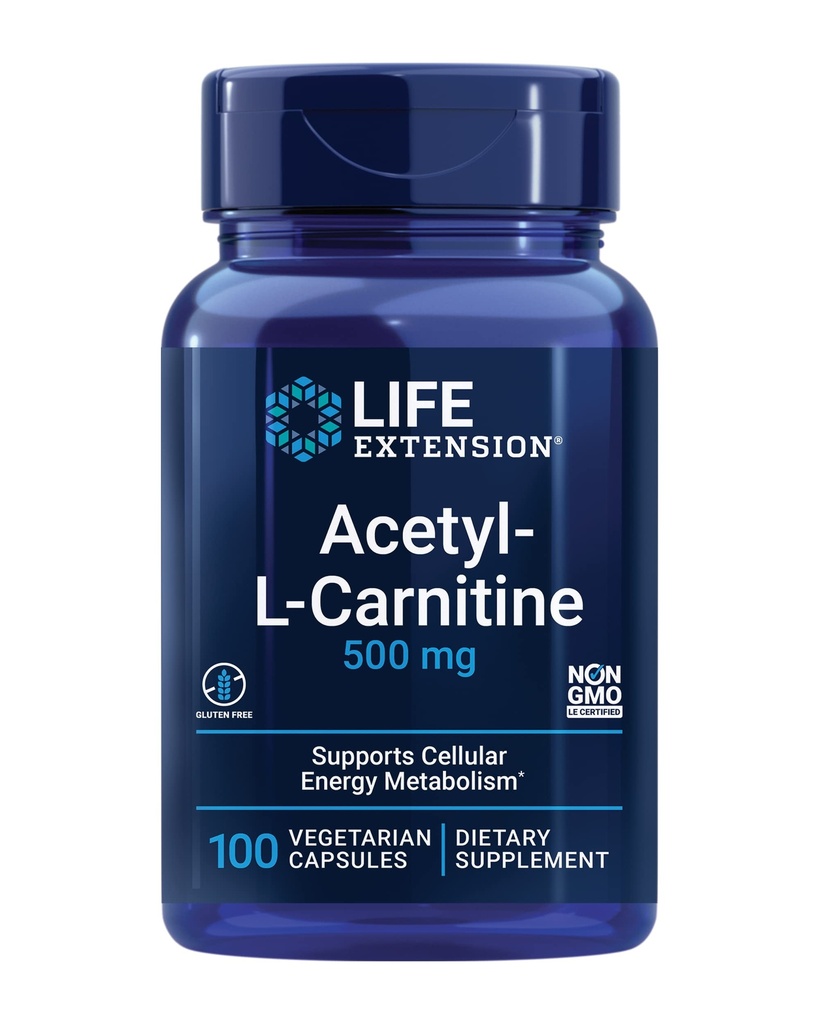 Life Extension Acetyl-L-Carnitine, Acetyl-L-Carnitine, C, Beyin, Mood & Nerve Health, Cellular Energy, 3-Month Supply, Gluten-Free, Non-GMO, Vegetarian, 100 Capsules