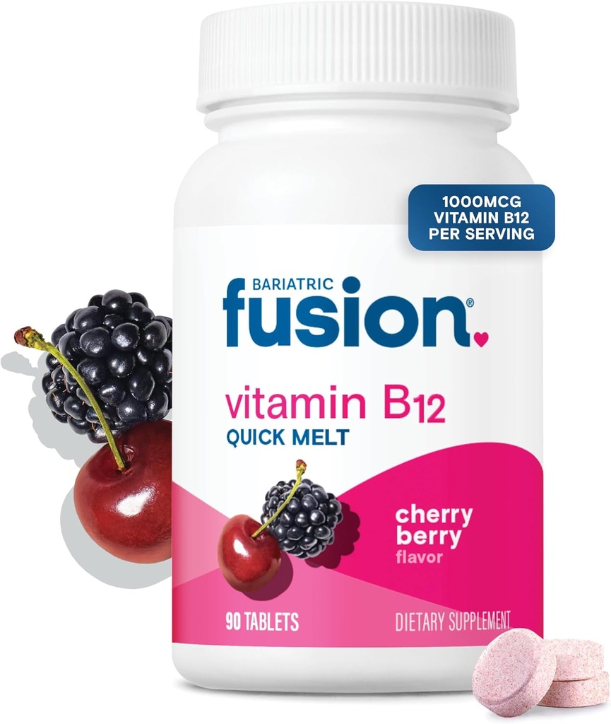 Bariatric Fusion Vitamin B12 Sublingual 1000 mcg Melts | Cherry Berry Flavored | B12 Dissolve Under Tongue Tabletleri Folic Acid | Sugar Free | Mecobalamin | 90 Kont