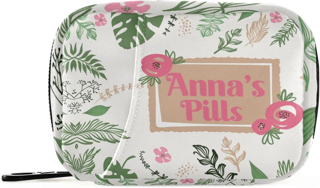 Özel Pill Box 7 Günü Pill Case Bag Leaves Çiçekler Kişiselleştirilmiş Ad Seyahat Pill Organize Bag with Surface Portable Weekly Case Compact Boyut for Vitamin Supplement Sahibi