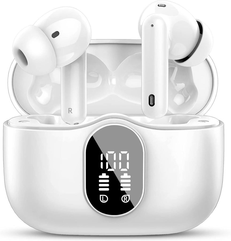 Btootos Ασύρματα ακουστικά Bluetooth 5.4 Ακουστικά Bass Stereo Ear Buds με θόρυβο Ακύρωση οθόνης Mic LED στα ακουστικά IP7 Αδιάβροχα 36H Playtime για lap-top pad τηλέφωνα Αθλητισμός προπόνηση Λευκό