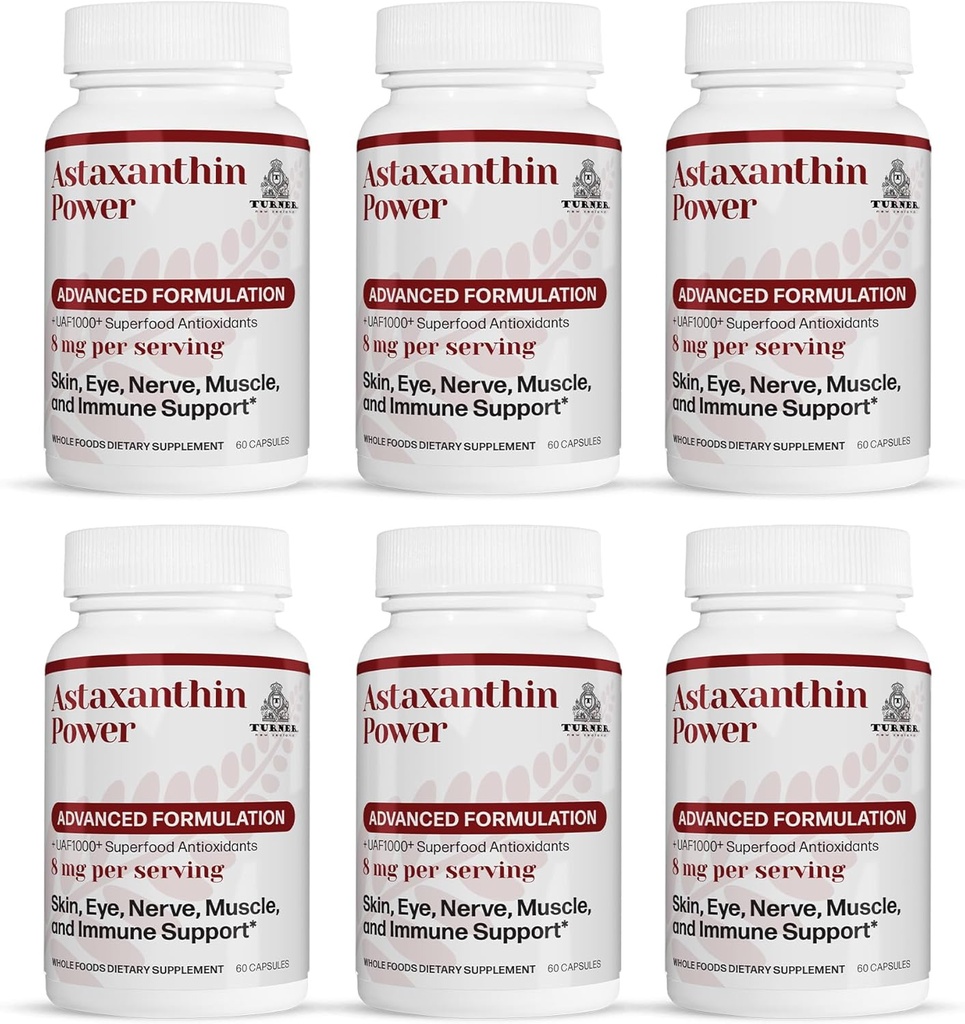 TURNER New Zealand Astaxanthin Power with UAF1000+, Anti-Aging, Skin, Eye, Nerve, Muscle Recovery, Immune Support Antioksi Supplement, 12 mg Astaxanthin, 180 Servisler, 6 Şişeler, 180 Servisler, 6 Şişeler,